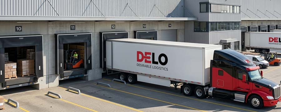 Desirable Logistics Trucks docking at warehouse for delivery and transport